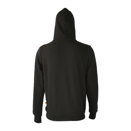 Spika GO Classic men's hoodie in black, back view of plain back and hood with orange side tab