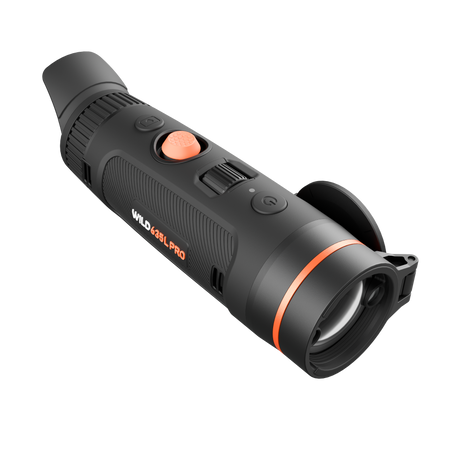 ThermTec Wild 635L Pro thermal monocular, front three-quarter view with lens cap open and model badge