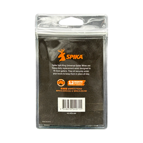 Spika universal split ring gaiter wires packaging, back view with product description