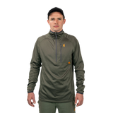 Man wearing the Spika Guide men's lightweight half-zip top in Olive, front view