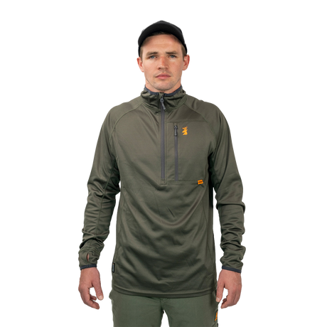 Man wearing the Spika Guide men's lightweight half-zip top in Olive, front view