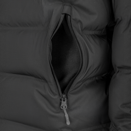 Spika Terra men's puffer jacket in Black, close-up of the fleece-lined zip hand pocket