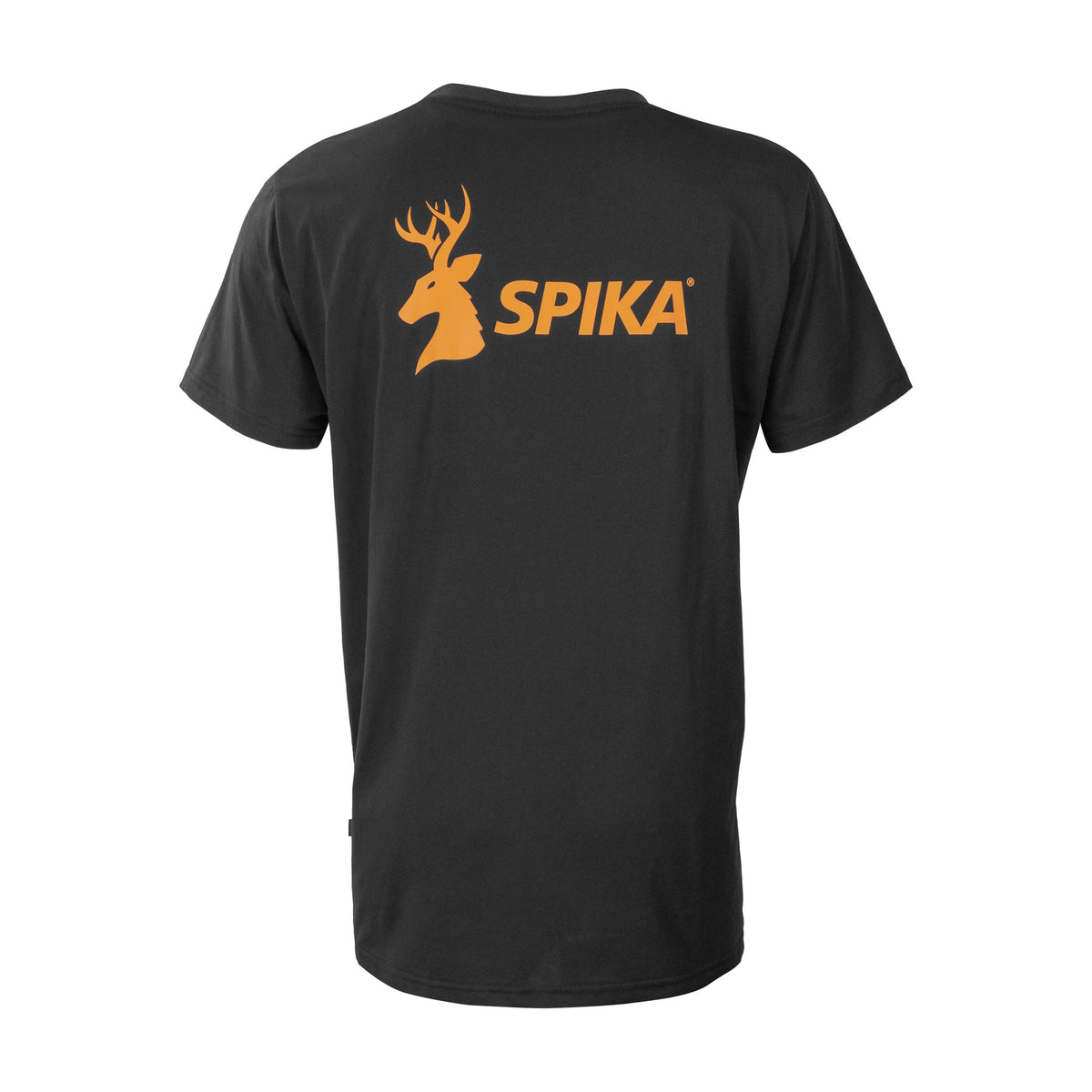 Spika GO Classic men's black T-shirt, back view with large orange stag SPIKA print