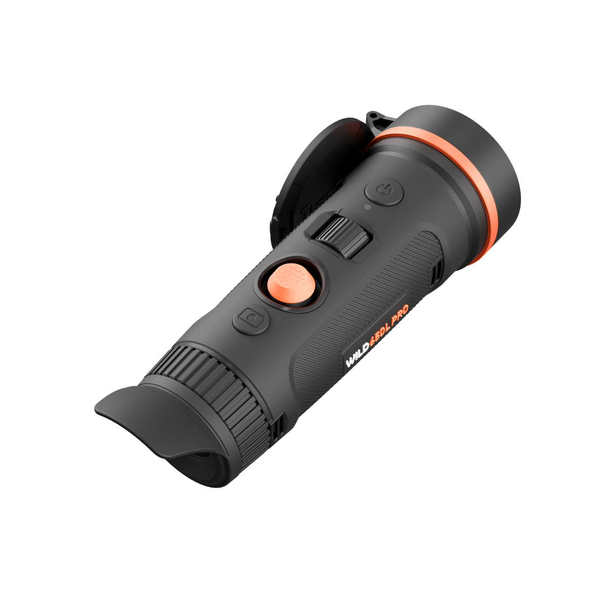 ThermTec Wild 650L Pro thermal monocular, rear three-quarter view of eyecup, orange button and scroll wheel