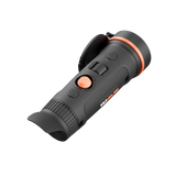ThermTec Wild 650L Pro thermal monocular, rear three-quarter view of eyecup, orange button and scroll wheel