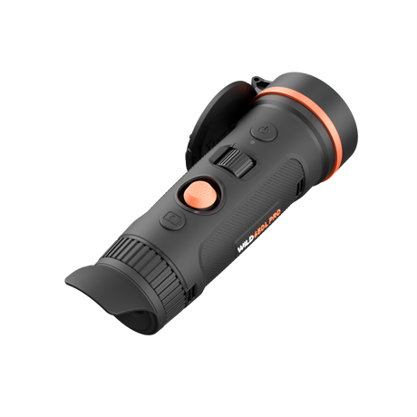 ThermTec Wild 650L Pro thermal monocular, rear three-quarter view of eyecup, orange button and scroll wheel