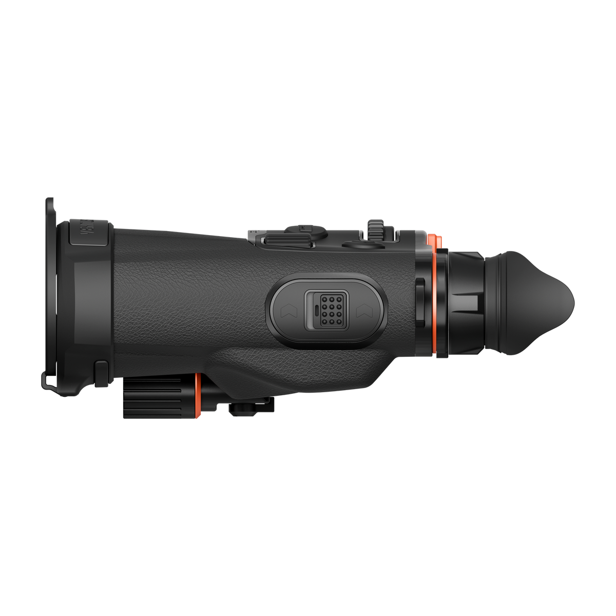 ThermTec Ventus 335L multi-spectrum binoculars, right side profile with eyecup and side button