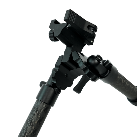 Close-up of the Velocity Carbon Bipod picatinny clamp head and leg hinge