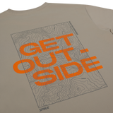 No Boundaries T-shirt back print: orange Get Outside lettering over a topographic map