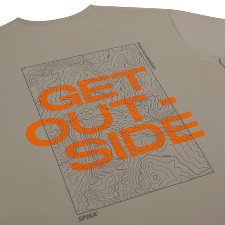 No Boundaries T-shirt back print: orange Get Outside lettering over a topographic map