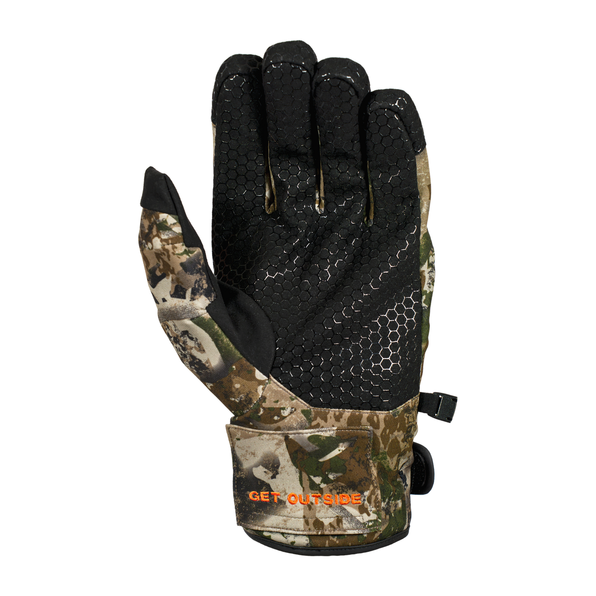 Spika Arctic men's Biarri Camo glove, palm view with hexagon silicone grip and Get Outside cuff