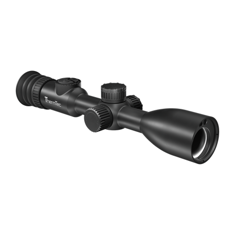 ThermTec IBEX 635L thermal tube scope, rear three-quarter view of eyecup, turrets and objective bell
