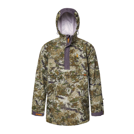 Spika Buckland men's Biarri Camo hunting smock, front view showing the grey storm flap and cuff tabs