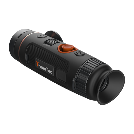ThermTec Wild 325 thermal monocular, rear three-quarter view of eyecup and ThermTec logo side