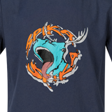 Close-up of the roaring stag and orange SPIKA lettering graphic on the GO Rogue kids' navy T-shirt