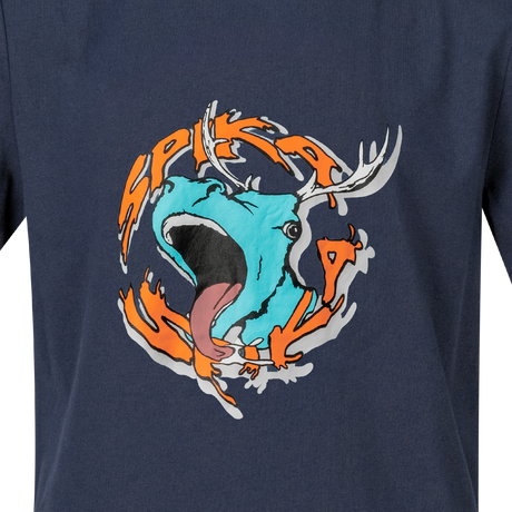 Close-up of the roaring stag and orange SPIKA lettering graphic on the GO Rogue kids' navy T-shirt