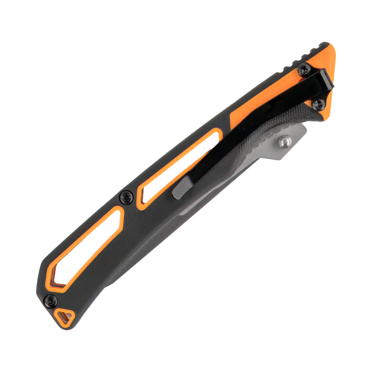 Spika Command folding scalpel closed, reverse side showing handle cutouts and folded blade