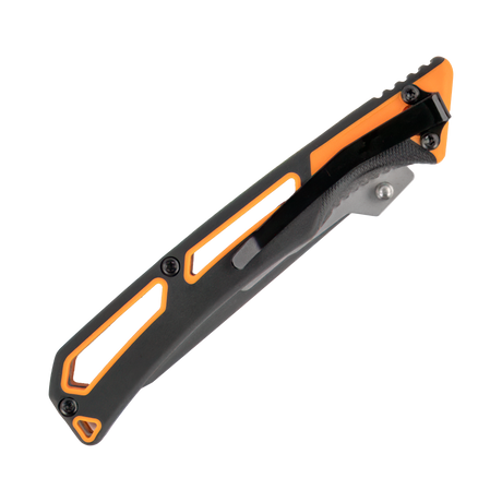 Spika Command folding scalpel closed, reverse side showing handle cutouts and folded blade