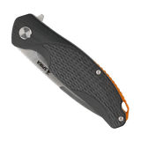 Spika Bushmaster Raider folding knife closed, black textured handle with Spika logo on the blade