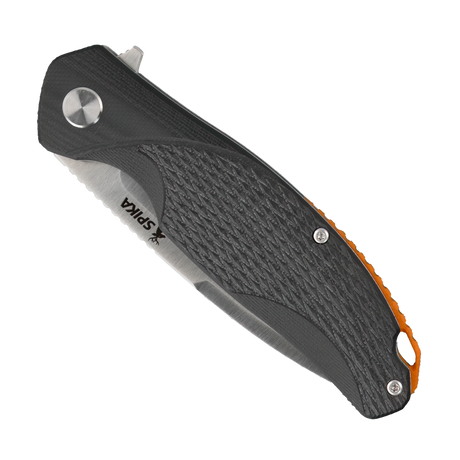 Spika Bushmaster Raider folding knife closed, black textured handle with Spika logo on the blade