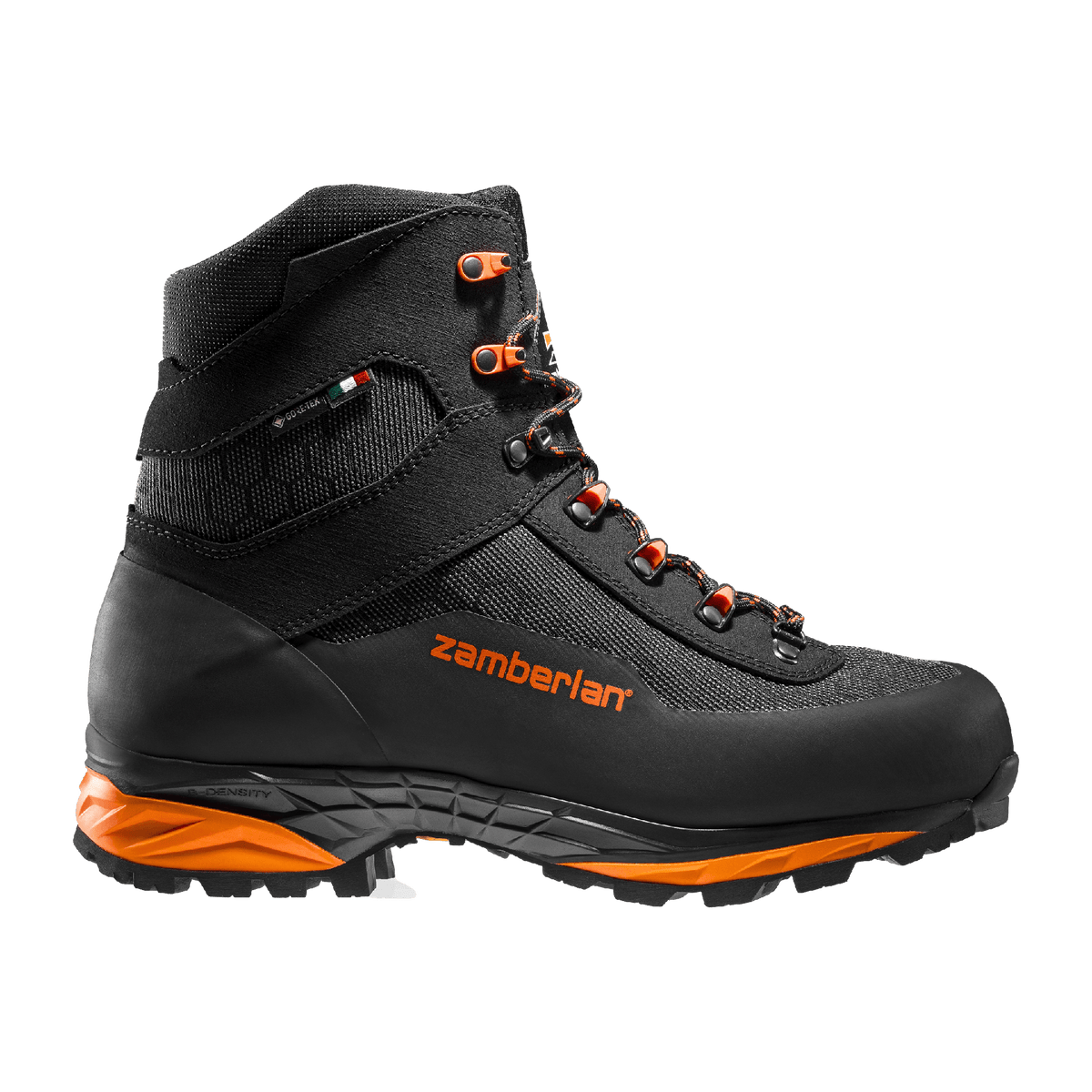 Zamberlan 3034 Seiland GTX RR men's hiking boot in black and orange, outer side profile with orange Zamberlan logo