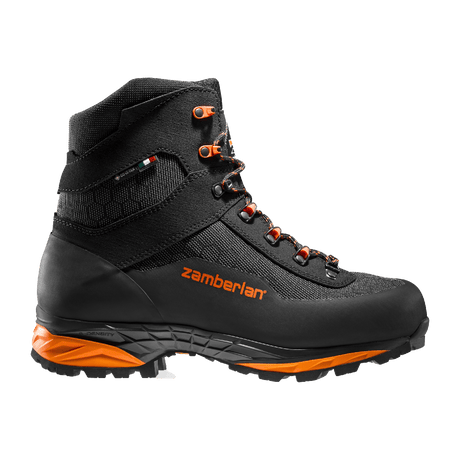Zamberlan 3034 Seiland GTX RR men's hiking boot in black and orange, outer side profile with orange Zamberlan logo