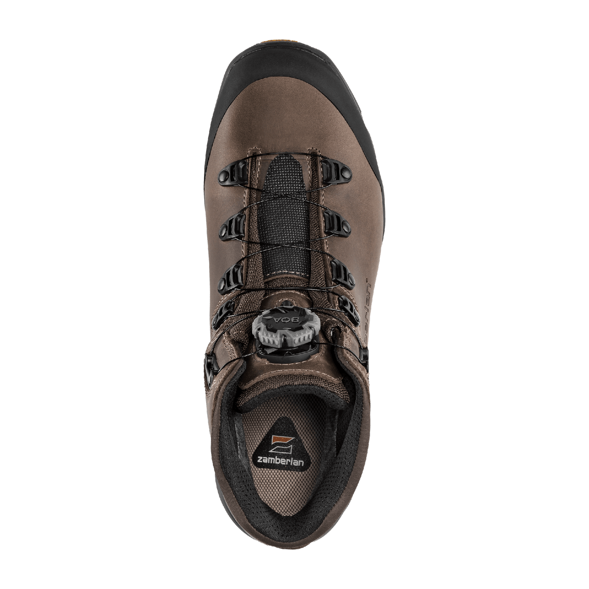 Zamberlan 4015 Leopard FGL GTX RR BOA men's hunting boot in brown leather, top-down view of BOA lacing system and insole