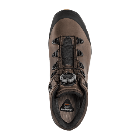 Zamberlan 4015 Leopard FGL GTX RR BOA men's hunting boot in brown leather, top-down view of BOA lacing system and insole