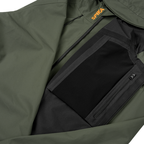 Spika Scout men's jacket in Olive, opened to show black interior lining and inner zip pocket
