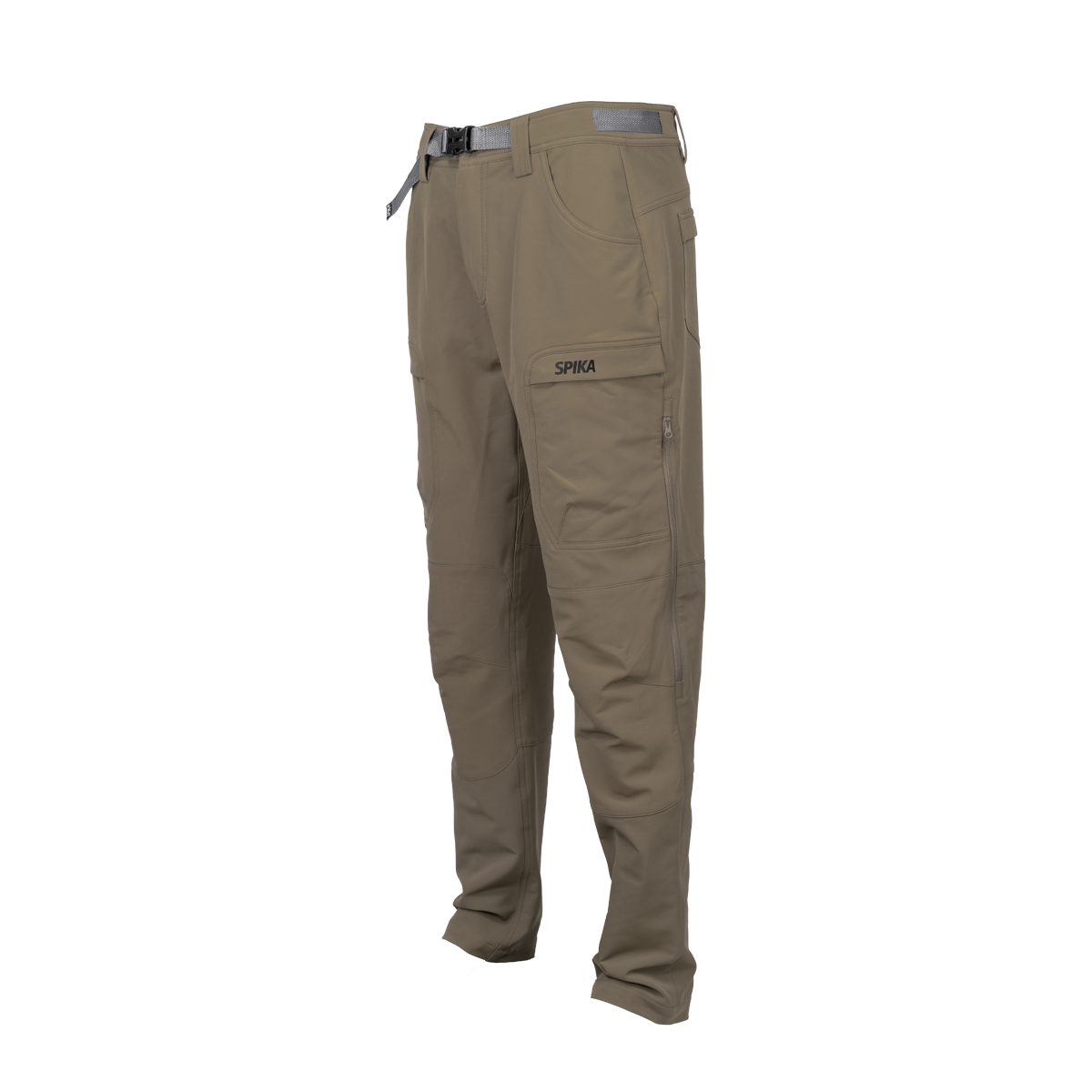 Spika Recon men's hunting pants in Tan, three-quarter side view with belt and Spika cargo pocket