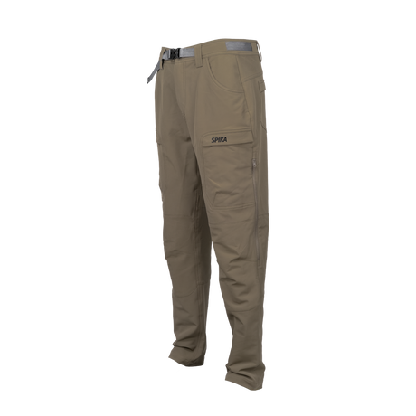 Spika Recon men's hunting pants in Tan, three-quarter side view with belt and Spika cargo pocket
