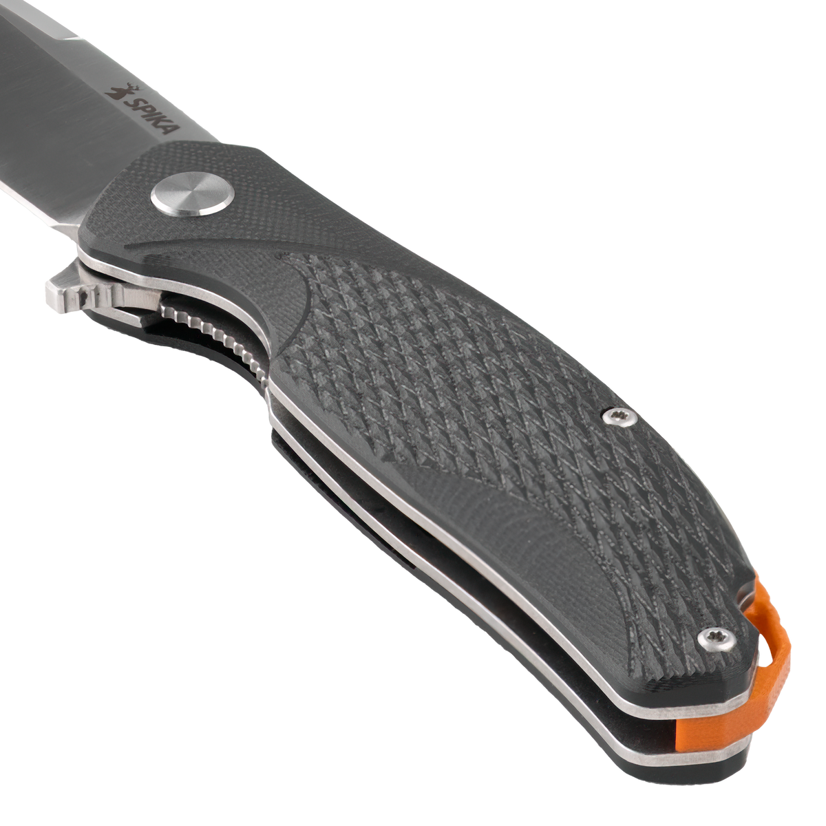 Close-up of the Spika Bushmaster Raider handle front showing textured scale, pivot and orange liner