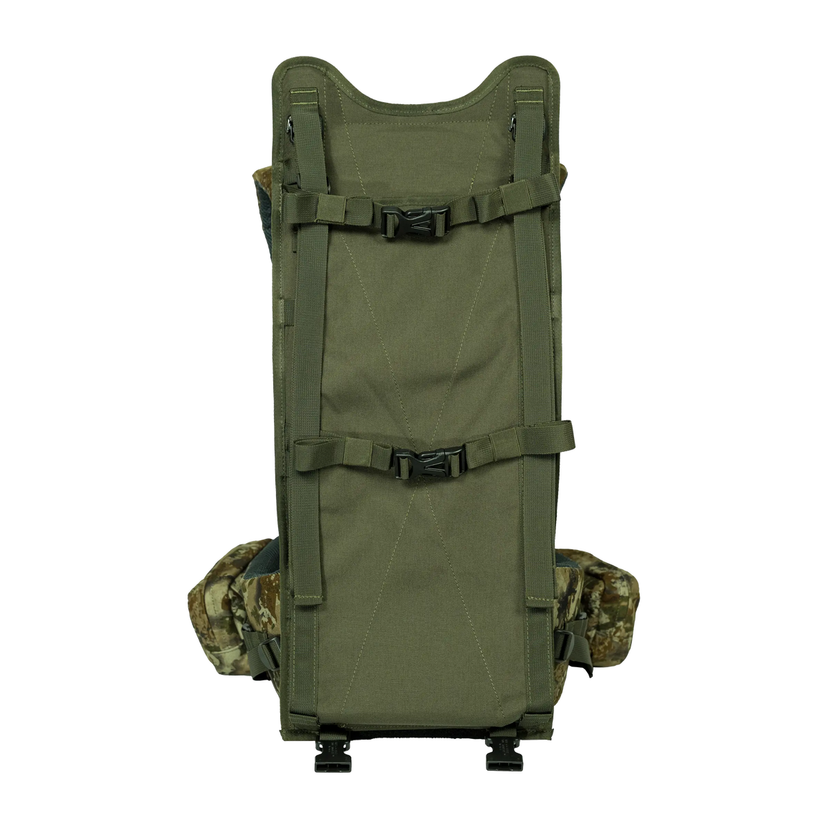 Spika Drover II Hauler frame in Biarri Camo, front load face with compression straps and pack removed