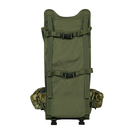 Spika Drover II Hauler frame in Biarri Camo, front load face with compression straps and pack removed