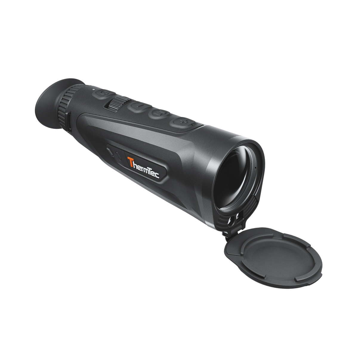 ThermTec Cyclops 335L 3.0 thermal monocular, front three-quarter view with lens cap flipped open