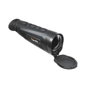 ThermTec Cyclops 335L 3.0 thermal monocular, front three-quarter view with lens cap flipped open