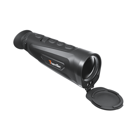 ThermTec Cyclops 335L 3.0 thermal monocular, front three-quarter view with lens cap flipped open