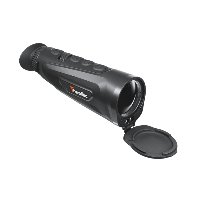 ThermTec Cyclops 335L 3.0 thermal monocular, front three-quarter view with lens cap flipped open