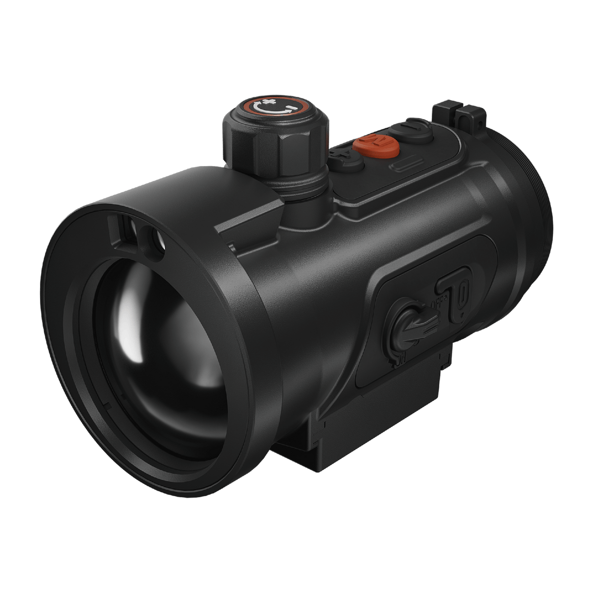 ThermTec Hunt Pro 635L thermal clip-on, front three-quarter view of lens, rotary knob and power switch
