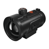 ThermTec Hunt Pro 635L thermal clip-on, front three-quarter view of lens, rotary knob and power switch