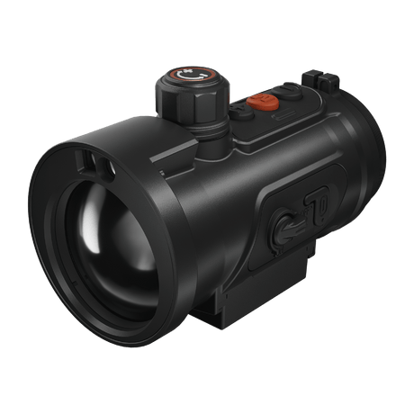 ThermTec Hunt Pro 635L thermal clip-on, front three-quarter view of lens, rotary knob and power switch