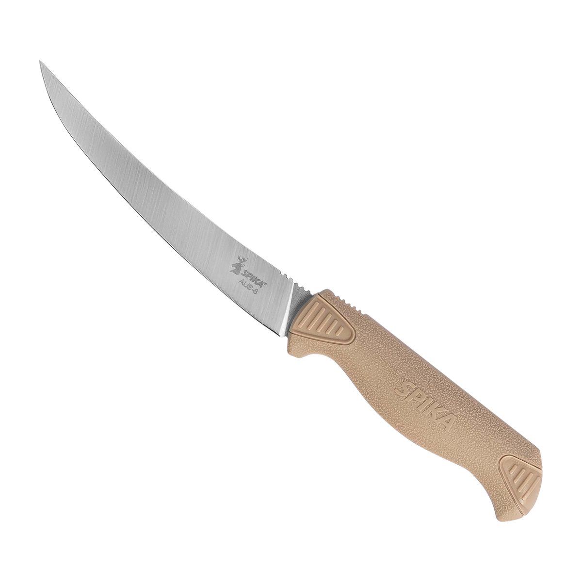 Spika Fieldcraft Cervitaur curved boning knife with tan grip handle, blade pointing left