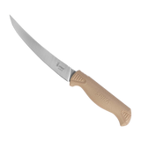 Spika Fieldcraft Cervitaur curved boning knife with tan grip handle, blade pointing left