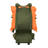 Spika Drover II Hauler frame in Biarri Camo carrying an orange dry bag strapped to the load face