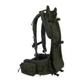 Spika Drover II Hauler frame in Olive Summit, side profile of harness and hip belt with the 80L pack removed