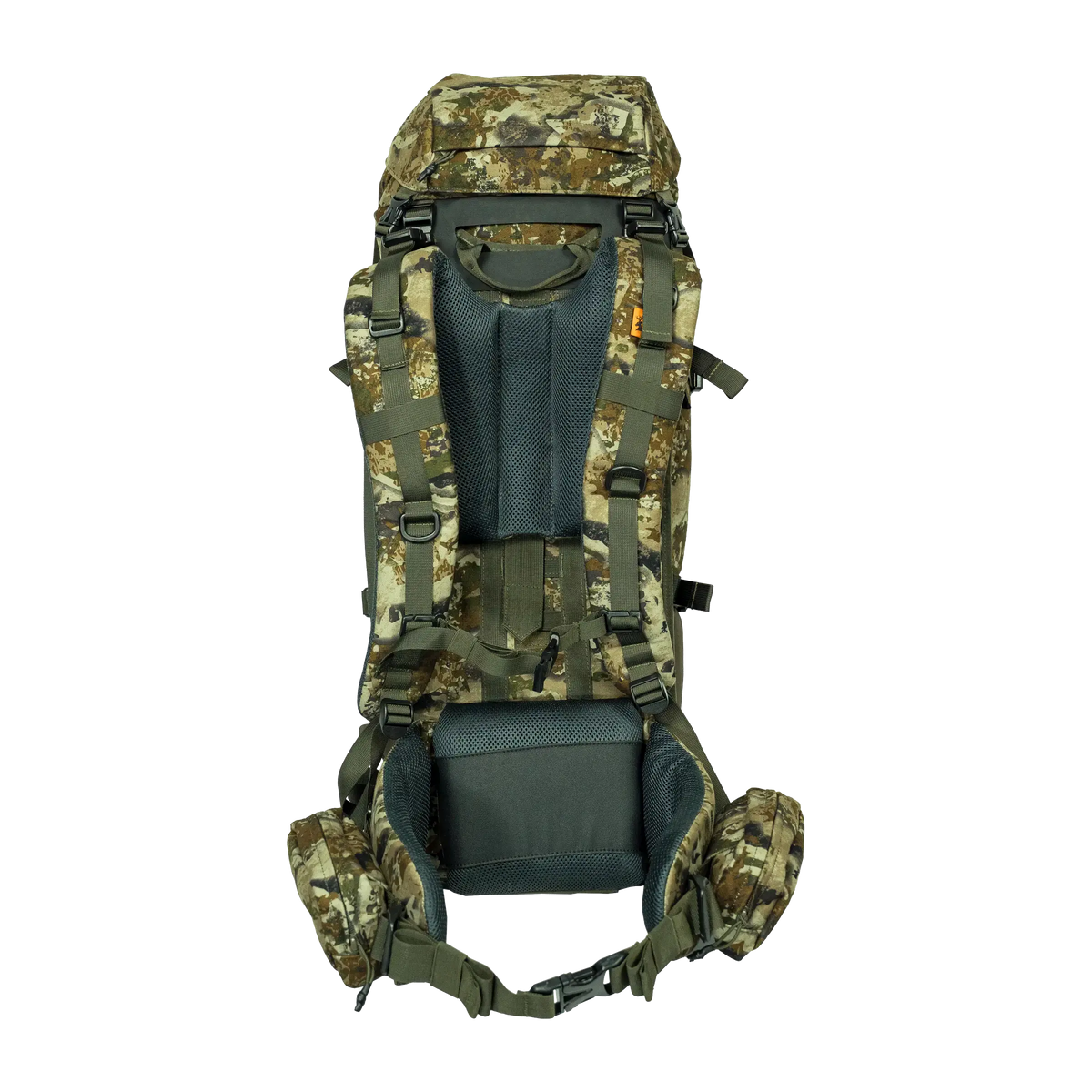 Spika Drover II Hauler 40L pack and frame in Biarri Camo, rear view of harness, back panel and hip belt