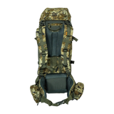 Spika Drover II Hauler 40L pack and frame in Biarri Camo, rear view of harness, back panel and hip belt