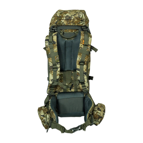 Spika Drover II Hauler 40L pack and frame in Biarri Camo, rear view of harness, back panel and hip belt