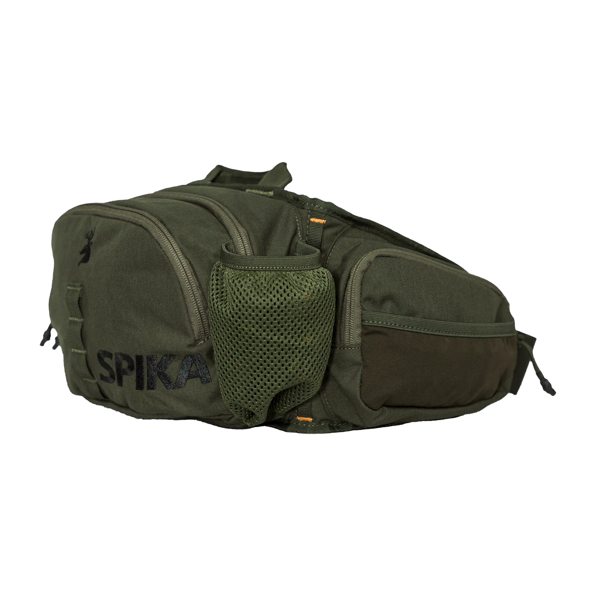 Spika Drover II Waist Pack in Olive Summit, side view with mesh bottle holder and Spika logo