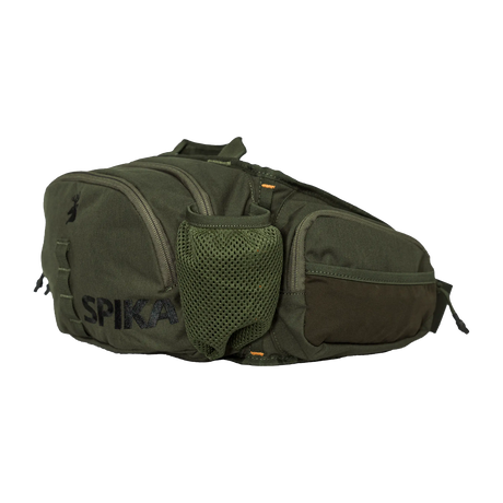 Spika Drover II Waist Pack in Olive Summit, side view with mesh bottle holder and Spika logo